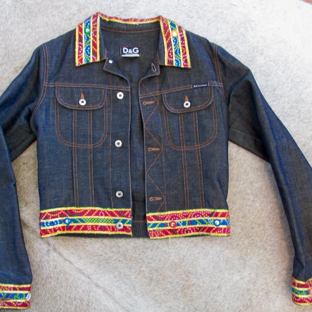 Vintage D&G Womens Jean Jacket, size Large, Dark Denim w/ color trims